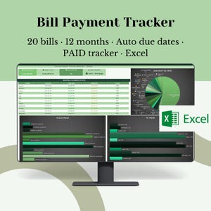 May include: A computer monitor displaying a bill payment tracker. The screen shows a spreadsheet with data, charts, and the text "Bill Payment Tracker." The Excel logo is visible. The tracker includes features for 20 bills, 12 months, auto due dates, and a PAID tracker.
