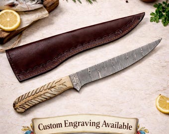 Fillet Knife Damascus Steel Handmade with Pine Cone Handle and Leather Cover – 13 Inch Fishing Knife
