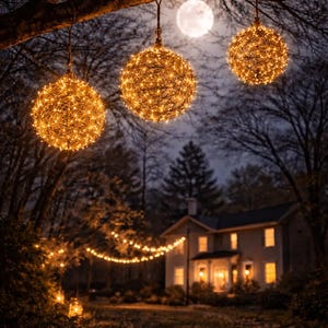 May include: Three illuminated sphere-shaped decorative lights hanging from a tree branch. The lights are golden and emit a warm glow, with a full moon in the background. A house with lit windows is visible in the distance, with string lights.