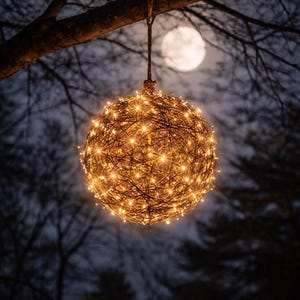 May include: A spherical decorative light fixture, suspended from a tree branch. The orb is constructed of interwoven twigs and illuminated with numerous small, warm-toned lights. The background features a full moon and a dark, wooded area.