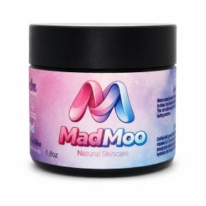 May include: A cylindrical jar of MadMoo Natural Skincare with a black lid. The label features a pink and blue gradient background with a stylized M logo, the text MadMoo Natural Skincare, and a net weight of 1.8oz printed on the front.