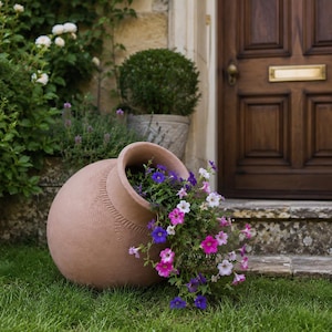 May include: A large, round, terracotta-coloured clay vessel with a textured neck pattern, resting on its side. The vessel is filled with vibrant purple, pink, and white petunia flowers that spill out from the wide, circular opening onto the grass.