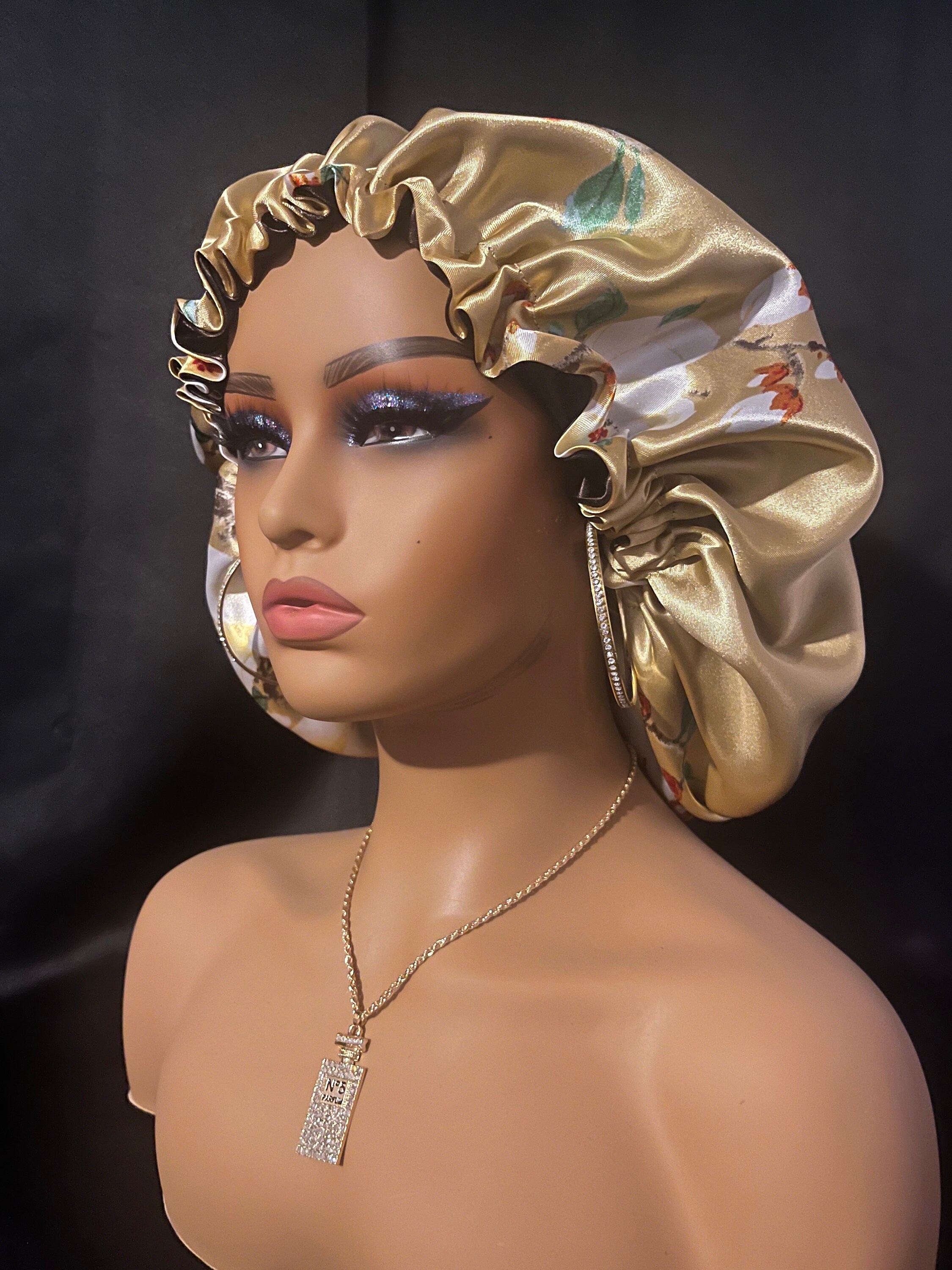 Soft Silky Satin Reversible Adjustable Hair Bonnet Large Golden/White Flowers