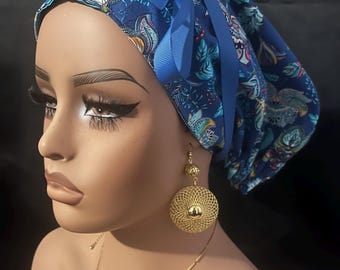 Cute Blue Floral Satin Lined Nurse Cap