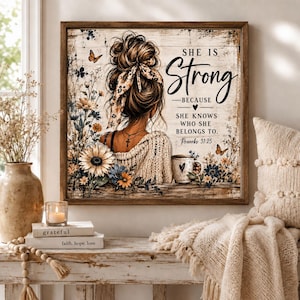 Peut inclure: Une impression murale carrée représentant une femme vue de dos avec un chignon décoiffé et un foulard à motifs. Le texte indique : She is Strong because she knows who she belongs to. Proverbs 31:25. Elle inclut des tournesols, des papillons et une tasse.