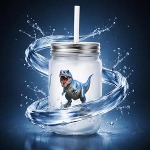 Op de afbeelding: Een heldere glazen pot met een zilveren deksel en een wit rietje. In de pot zit een blauwe dinosaurus met zijn mond open. Water wervelt rond de pot, met waterdruppels die rond de pot spatten.