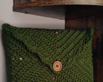 Handmade Crochet Book Sleeve, Dark Leaf Green Envelope E-Reader Cover, Cottagecore Pouch
