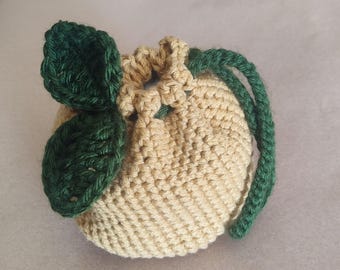 Crochet Golden Apple Drawstring Pouch, Handmade Renaissance Fair Accessory, Cottagecore Gift