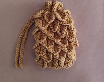 Crochet Golden Scale Drawstring Pouch, Medieval Drawstring Bag, Renaissance Fair Accessory