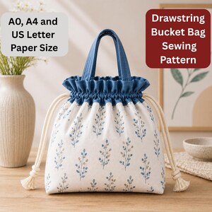 Drawstring Bucket Bag Sewing Pattern PDF | Reusable Lunch Hobo Tote | DIY Canvas Handbag Template | A4 A0 Letter | Casual Everyday Bag