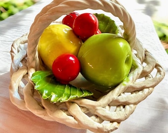 Vintage Italiaans Capodimonte-fruitmanddecor, handgeschilderd keramisch middelpunt