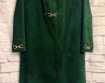 Vintage smaragdgroene op maat gemaakte suède jas, kleine, middellange, minimalistische damesjas