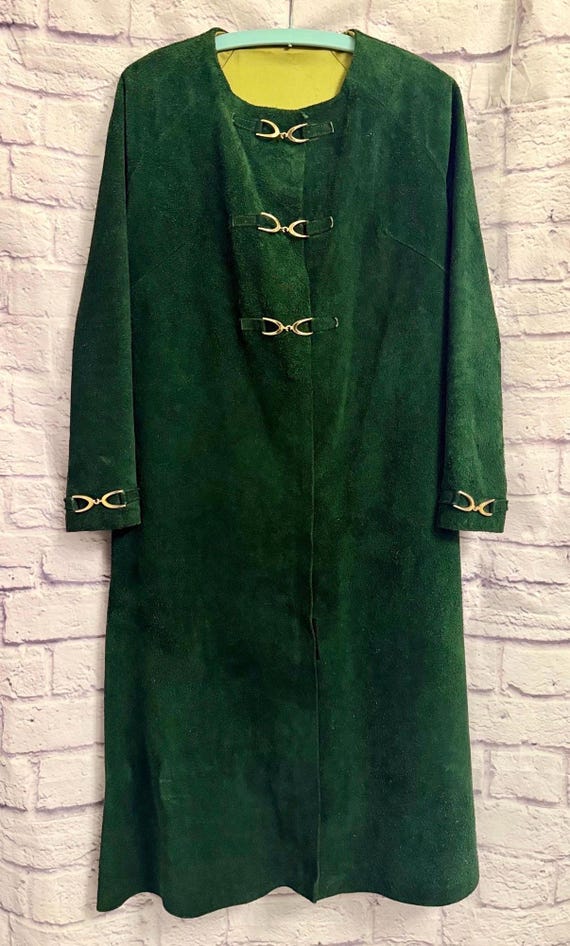 Vintage Emerald Green Custom Made Suede Coat, Womens Small Medium Long Minimalist Jacket