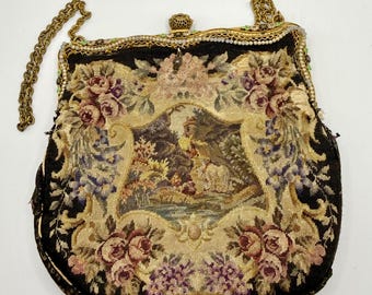 Vintage Petit Point Needlepoint Purse - Floral Landscape Gold Frame Chain Strap