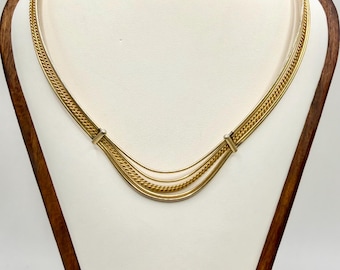 Vintage Gold Tone Layered Collar Necklace - Snake Chain Mesh Choker - Statement Piece