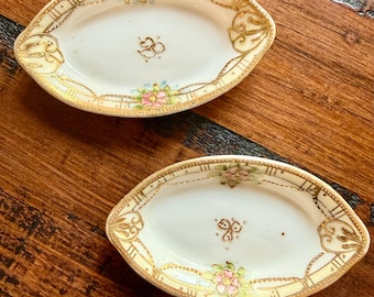 Vintage Nippon handgeschilderde trinketschalen, set van 2 bloemen, gouden kaptafeldecor