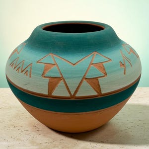Vintage Navajo Pottery Vase Southwestern Decor Turquoise Clay Vessel for Santa Fe Style Homes