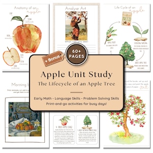 May include: Educational printables for an Apple Unit Study. The image features diagrams of an apple's anatomy, the lifecycle of an apple tree, and art analysis. Includes the text "Early Math - Language Skills - Problem Solving Skills".