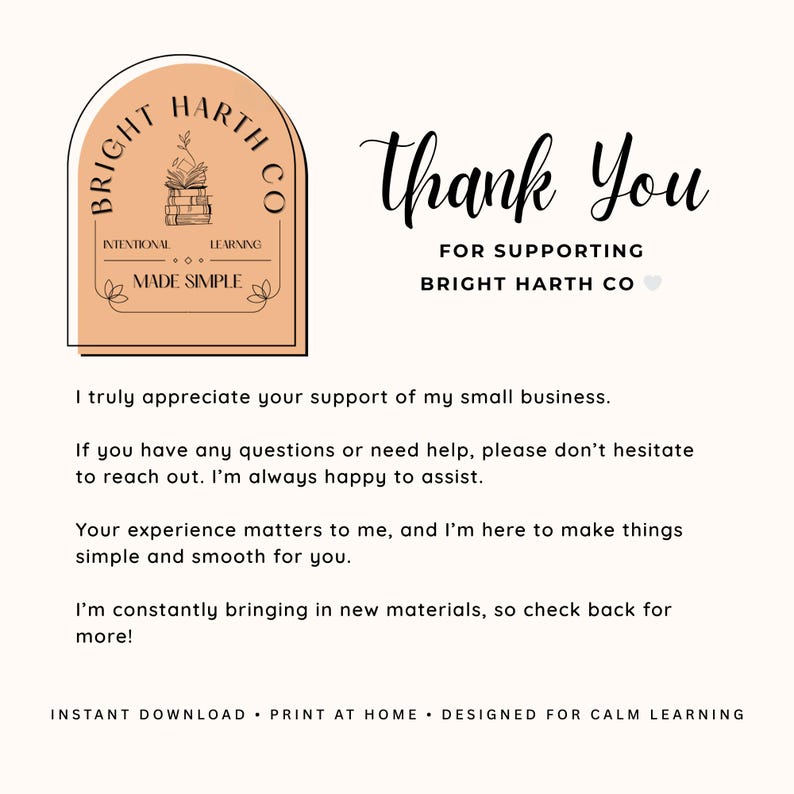 May include: A digital print with the text "Thank You" in elegant script, above "For Supporting Bright Harth Co." A logo with a stack of books and a plant is on the left. The background is a soft beige.