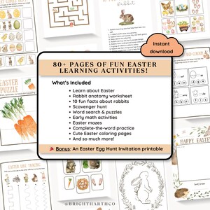 May include: A collection of printable Easter learning activities, including puzzles, mazes, coloring pages, and a scavenger hunt. The image features pages with illustrations of rabbits, eggs, and carrots. Text on the pages includes "80+ PAGES OF FUN EASTER LEARNING ACTIVITIES!" and "Instant download."