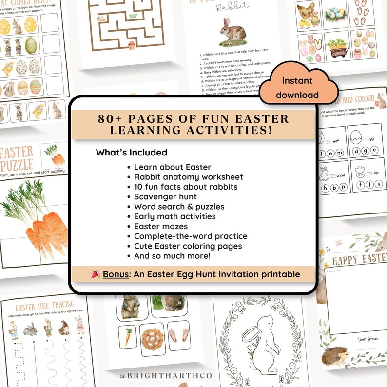 May include: A collection of printable Easter learning activities, including puzzles, mazes, coloring pages, and a scavenger hunt. The image features pages with illustrations of rabbits, eggs, and carrots. Text on the pages includes "80+ PAGES OF FUN EASTER LEARNING ACTIVITIES!" and "Instant download."