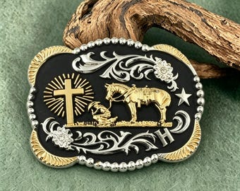 Antiqued Zinc Alloy Western Belt Buckle, Kneeling Cowboy Cross Religious Statement Buckle
