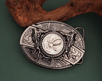 Gothic Spider Belt Buckle, Antique Black Silver Western Style, Tribal Spider Totem, Unisex Biker Punk Belt Buckle