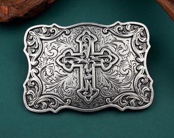 Western Cross Belt Buckle, Antique Silver Tone Floral Scroll, Faith Statement Accessory