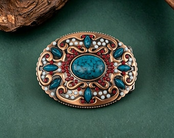 Ornate Turquoise Red Stone Belt Buckle, Antique Copper Western Statement Buckle