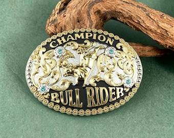 Klamra do paska Champion Bull Rider Western, złoto-srebro-turkusowy rodeo kowboj, pasuje do pasków o szerokości 1,5 cala