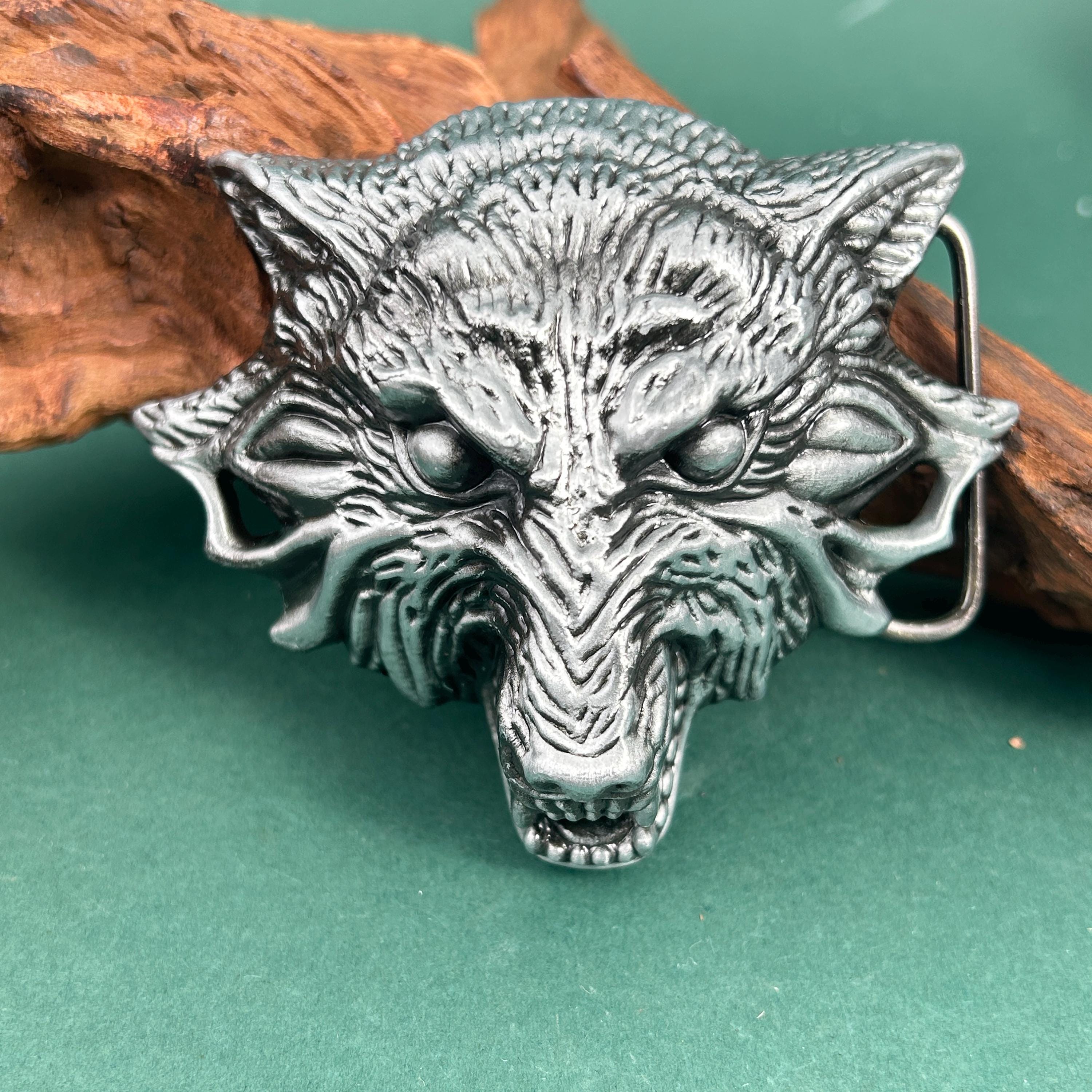 Silver Wolf Belt Buckle with Green and Red Stones Wolf Belt Buckle, Silver Western Cowboy Accessory, Groomsman  main image 2