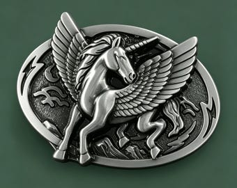 Pegasus Belt Buckle, Silver Celestial Metal Accessory, Gothic Unicorn Fans