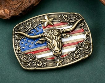 Flag Texas Longhorn Belt Buckle, Antique Bronze/Silver Western Cowboy Style Accessory