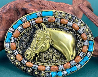 Cowboy Horse Belt Buckle, Ornate Turquoise & Wood Inlaid Buckle, Gift for Horse Lovers