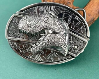 Dinosaur Belt Buckle, Antique Silver Tone Metal Oval Buckle, Biker Style Accessory for Men, Fits 1.5" Belts