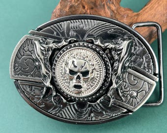 Retro Flame Skull Belt Buckle - Fits 1.5" Belts, Gothic Biker Style Buckle for Jeans, Father's Day Gift