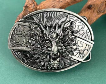 Vintage Dragon Head Belt Buckle, Antique Silver Tone Metal, Biker Tribal Accessory (Fits 1.5" Belts)