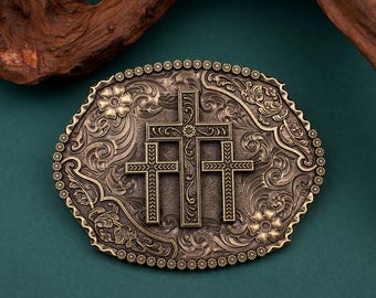 Triple Cross Western Belt Buckle, Antique Brass Floral Engraved Design, Religious Christian Gift