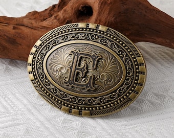 Engraved Initial Design Vintage Brass Belt Buckle, Retro Western Style Belt Accessory, Gift for Him
