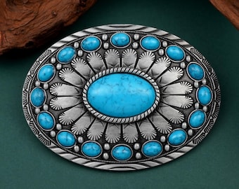 Übergroße Türkis Western Gürtelschnalle | Oval Antike Silber Legierung Design, Boho Cowgirl Statement Accessoire
