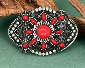 Oval Western Belt Buckle, Red & Blue Turquoise Flower, Southwestern Cowboy Rodeo Accessory