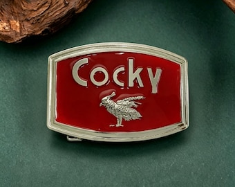 Red Enamel Rooster Belt Buckle, "Cocky" Text, Western Style Accessory