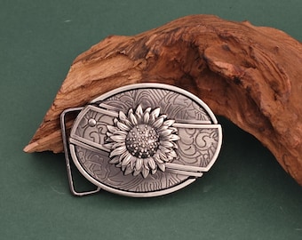 Klamra do paska w stylu vintage z motywem słonecznika, antyczne srebro, styl zachodni, rustykalna klamra do paska z kwiatowym totemem, prezent dla kowbojki w stylu boho