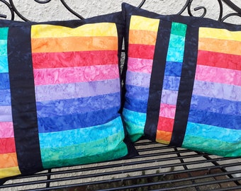 SALE Rainbow Batik Patchwork Pillow Cushion Covers, Handmade by PingWynny