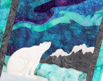 Large Northern Lights Polar Bear Quilted Wall Hanging / Art Quilt Kit or Pattern by PingWynny