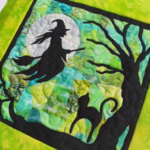 Halloween Green Witch & Cat Quilted Wall Hanging / Art Quilt Kit by PingWynny