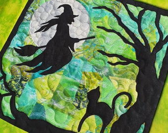 Halloween Green Witch & Cat Quilted Wall Hanging / Art Quilt Kit by PingWynny