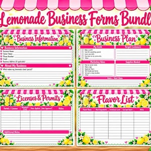 Puede incluir: Un paquete de formularios comerciales para limonada con cuatro hojas imprimibles que presentan toldos a rayas rosas y blancas, limones amarillos y flores blancas. Los formularios se titulan Business Information, Business Plan, Licenses & Permits y Flavor List.