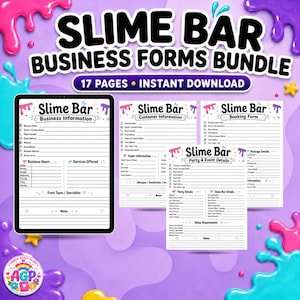 Puede incluir: Un paquete de formularios comerciales Slime Bar con 17 páginas para descarga instantánea. El conjunto incluye plantillas para información empresarial, datos de clientes, reservas y eventos, sobre un fondo de slime de color morado.