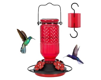 Glass Hummingbird Feeder Gift Handmade, Red Hummingbird Feeders for Outdoors Hanging Hook, 4 Flower Feeding Ports 16 oz ant proof bee proof